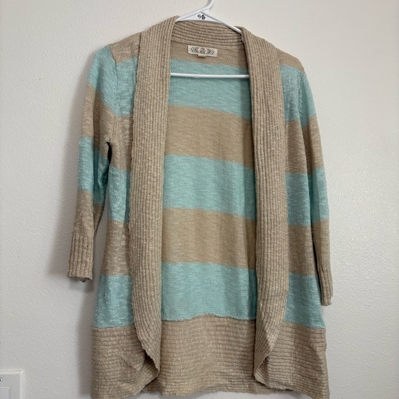 Pink rose, teal and cream striped 3/4 sleeve open front cardigan size large - Picture 1 of 4